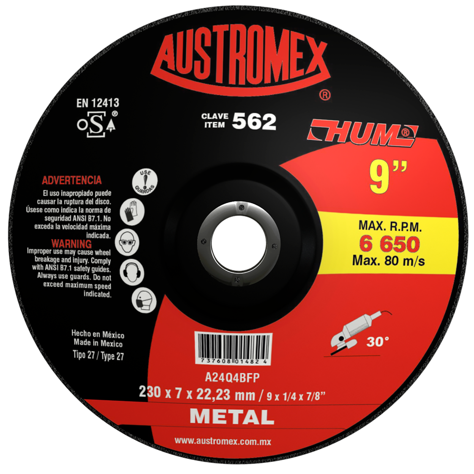 Disco de desbaste metal 9" x 1/4" x 7/8" Tipo 27 HUM Austromex